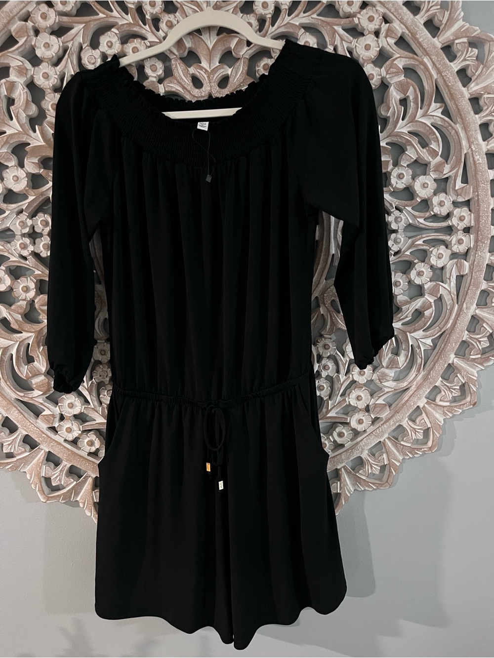 Veronica M Black Off-Shoulder Romper with Waist Tie